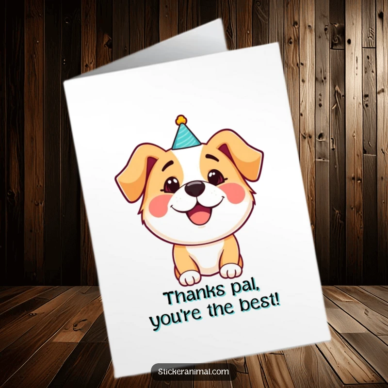 Funny Free Printable Thank You Card: Happy dog wearing a tiny party hat, offering thanks with a cheerful grin.
