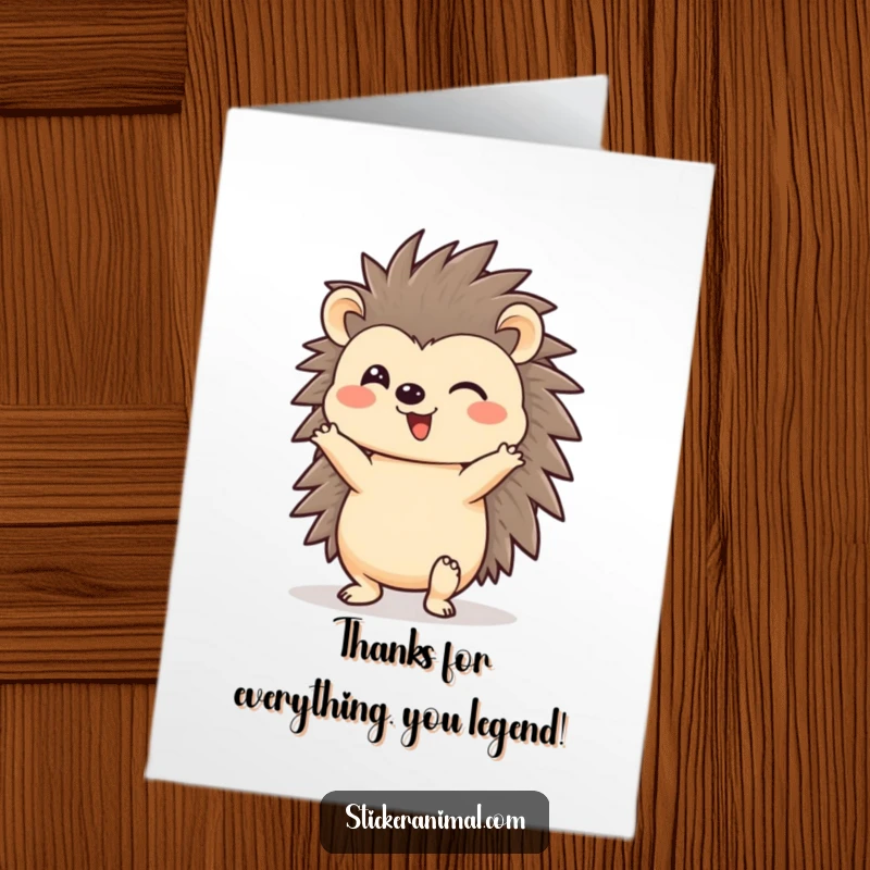 Funny Free Printable Thank You Card: Cheerful hedgehog in a headstand, expressing thanks with quirky upside-down charm.