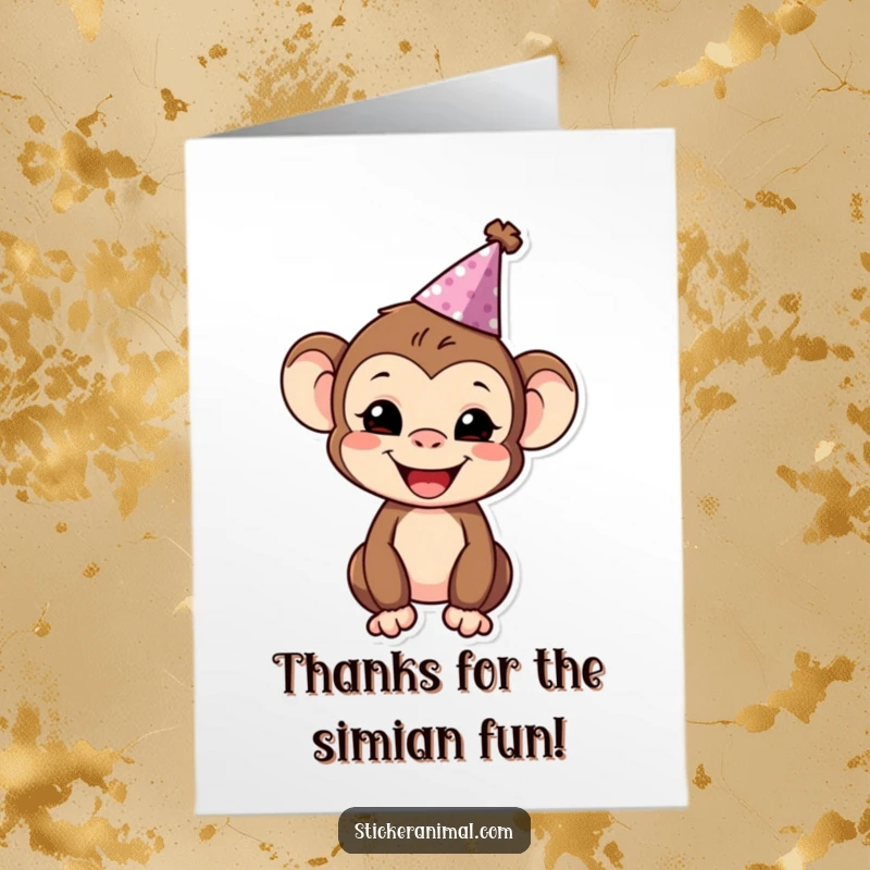 Funny Free Printable Thank You Card: A grinning monkey wearing a party hat, conveying sincere thanks with humor.
