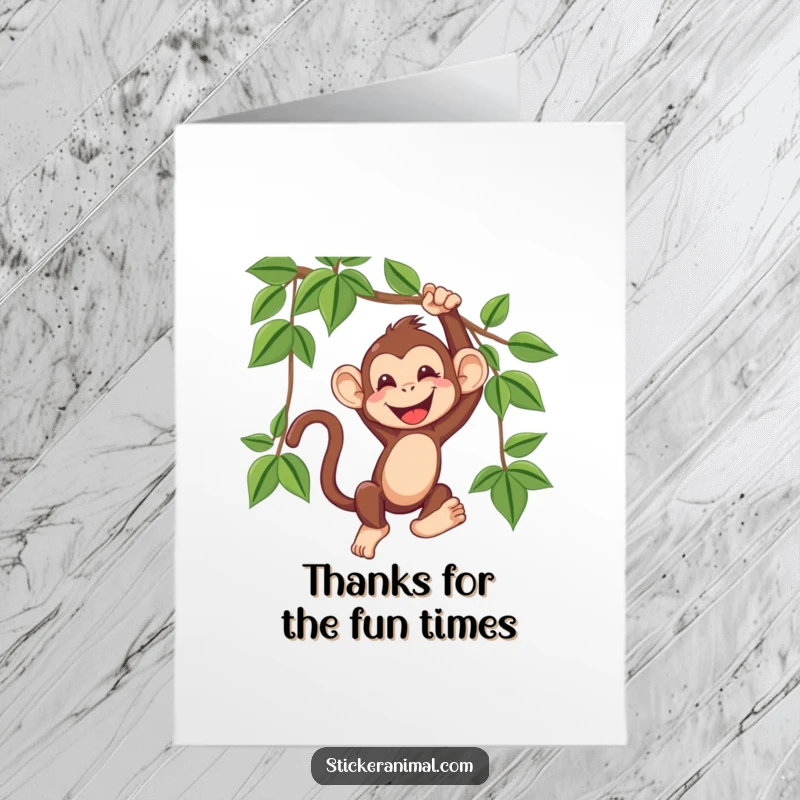 Funny Free Printable Thank You Card: A gleeful monkey swinging from a vine, offering thanks with a contagious giggle and bright eyes.