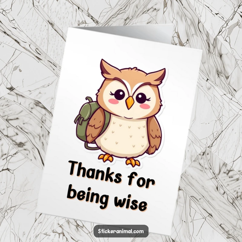 Funny Free Printable Thank You Card: Cheerful owl with a backpack is ready for adventure, expressing heartfelt thanks.