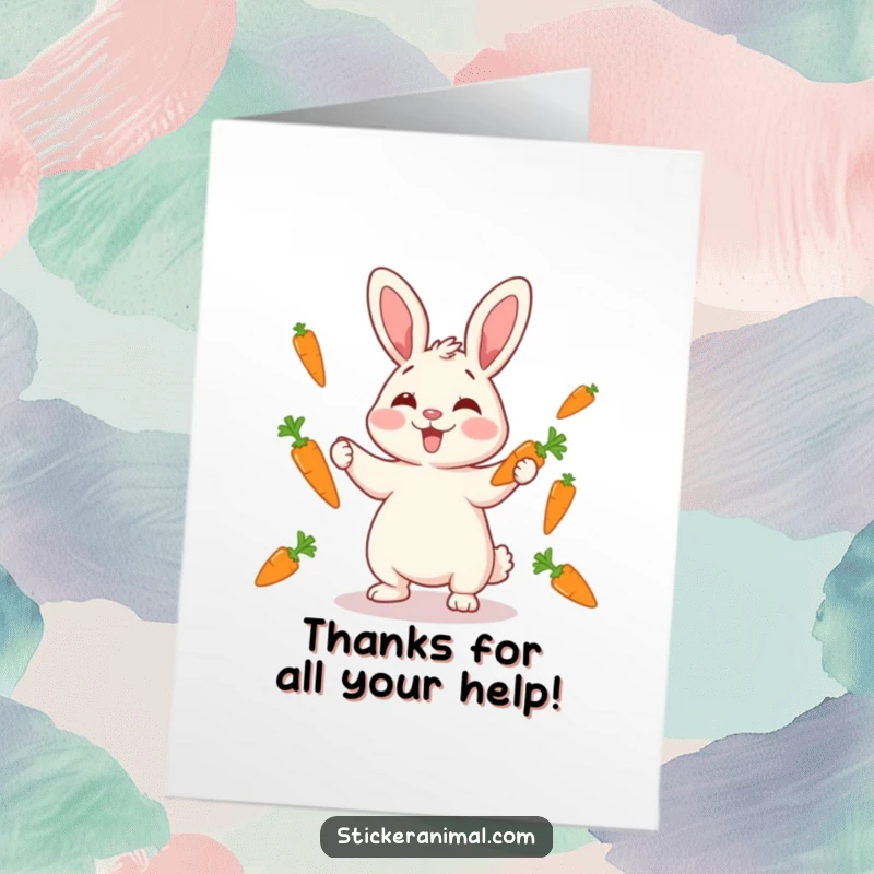 Funny Free Printable Thank You Card: Giggling rabbit juggling carrots, a charmingly playful way to say thank you.