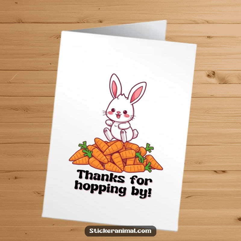Funny Free Printable Thank You Card: A whimsical rabbit character energetically hopping over a stack of fresh carrots.