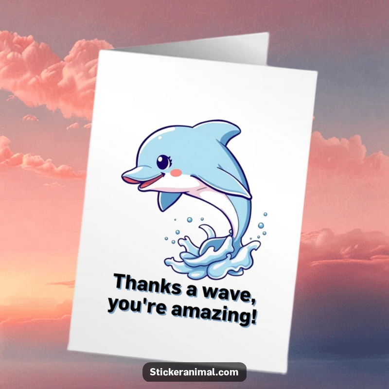 Funny Free Printable Thank You card showing an energetic dolphin leaping exuberantly from the water, expressing gratitude.