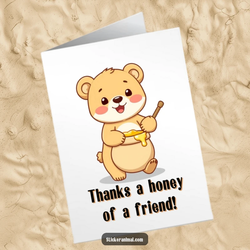 Funny Free Printable Thank You Card: A joyful bear cub holding a pot of honey, conveying thanks with a sweet smile.