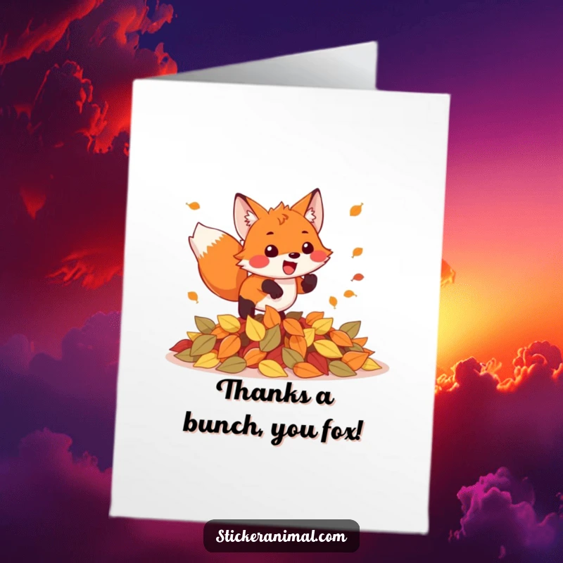 Funny Free Printable Thank You Card: A happy fox energetically jumping into a pile of autumn leaves, showing gratitude.