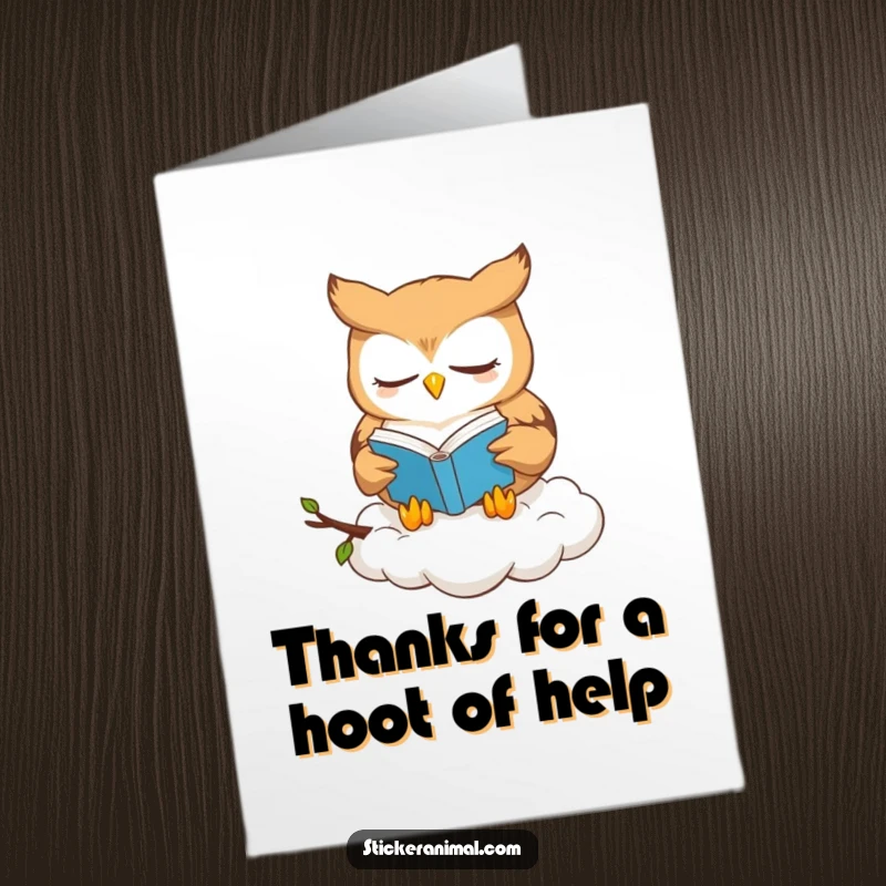 Funny Free Printable Thank You Card: A wise owl reading on a cloud offers thanks.
