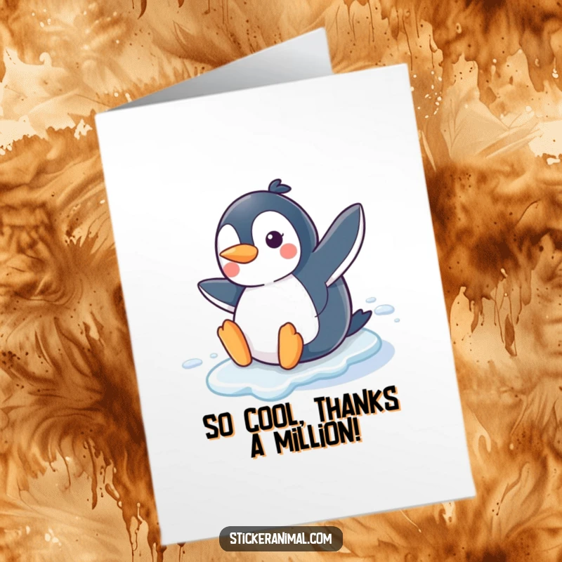 Funny Free Printable Thank You card showing a joyful penguin character sliding on ice with a cheerful smile, expressing gratitude.