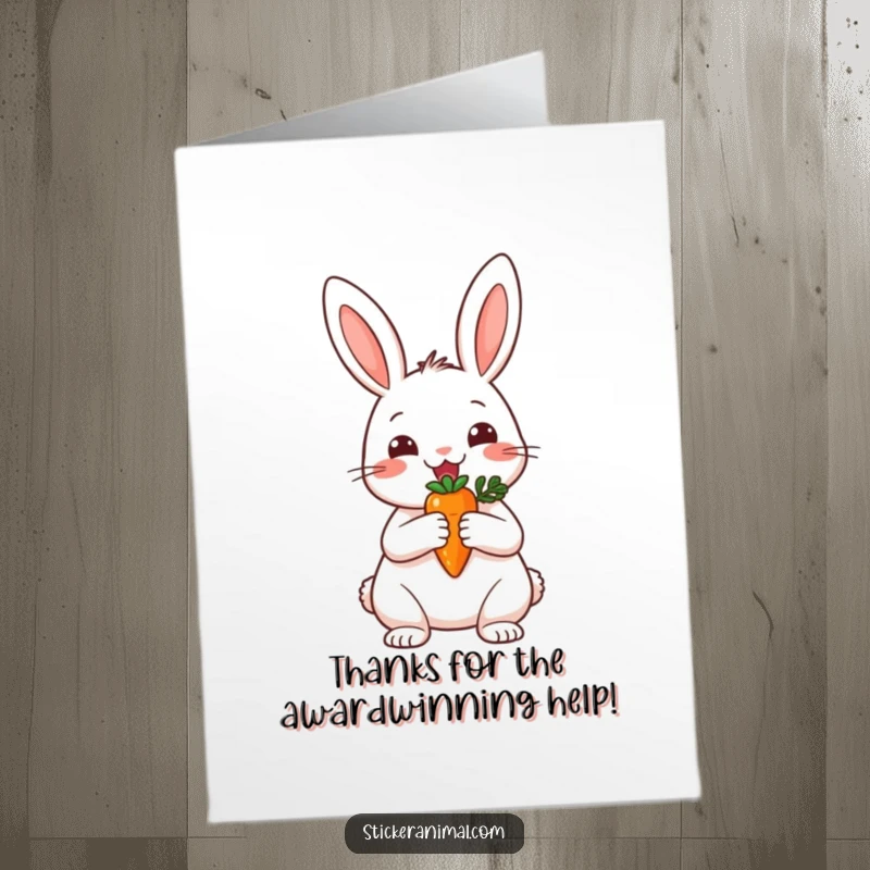 Funny Free Printable Thank You Card: A rabbit proudly displays a tiny carrot like a trophy, expressing appreciation.