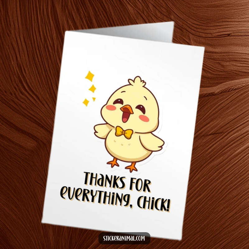 Funny Free Printable Thank You Card: A happy chick in a bow, singing a thankful tune just for you.