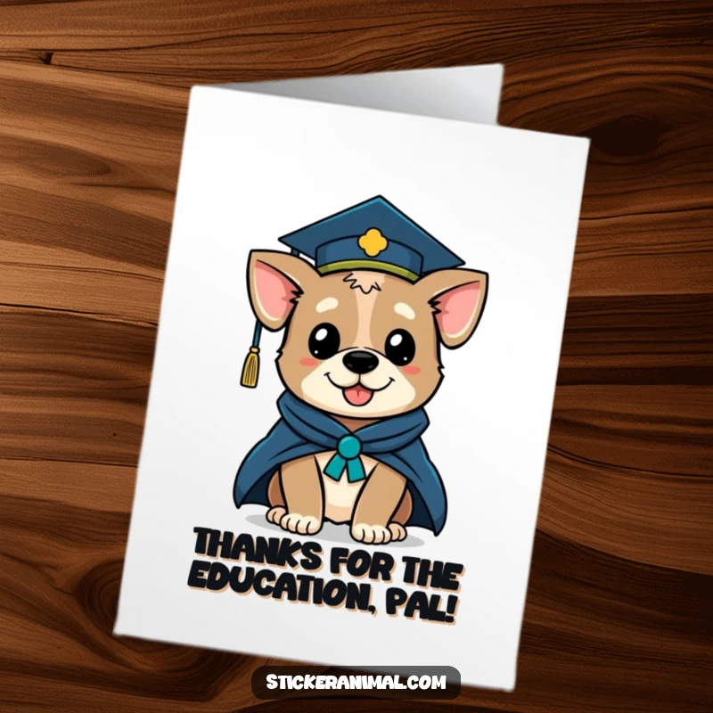 Funny free printable thank you card: A dog wearing a graduation cap and robe gives a knowing wink.