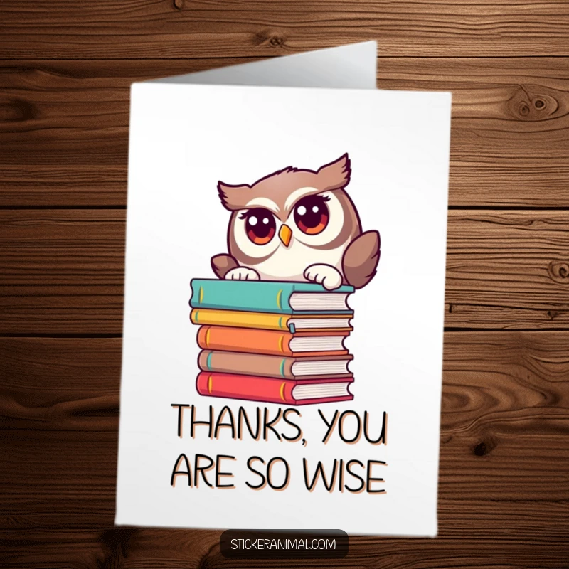 Funny free printable thank you card featuring a curious owl looking over books, conveying thanks with literary charm.
