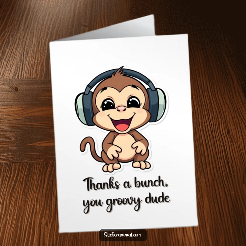Funny Free Printable Thank You Card: A playful monkey with headphones nods its head, sending thanks to the beat.
