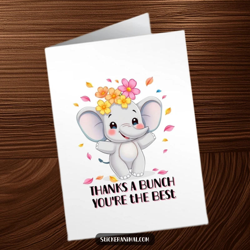 Funny Free Printable Thank You Card: A happy elephant juggling a cascade of beautiful flower petals to express sincere gratitude.