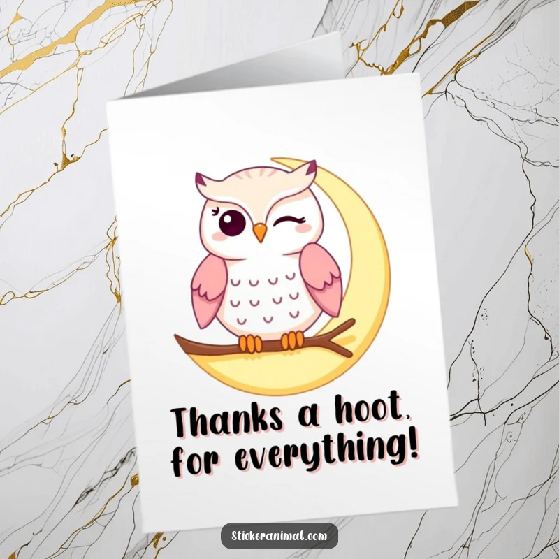Funny Free Printable Thank You Card: A playful winking owl on a crescent moon, offering thanks with a charming, humorous nod.