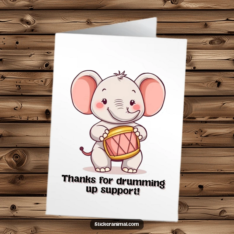 Funny Free Printable Thank You Card: A cheerful elephant rocking out on a tiny drum to express gratitude.