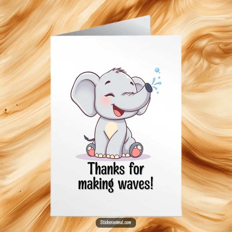 Funny Free Printable Thank You Card: Giggling elephant calf sprays water playfully, sending thanks with a splash.