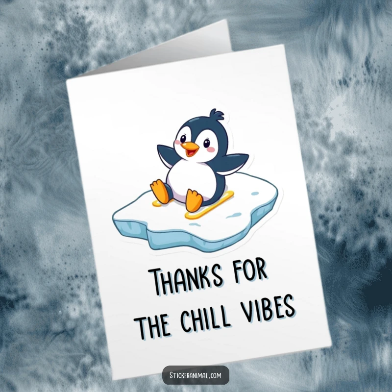 Funny Free Printable Thank You Card: A cheerful penguin making a swift, joyful slide down an icy hill, expressing thanks.
