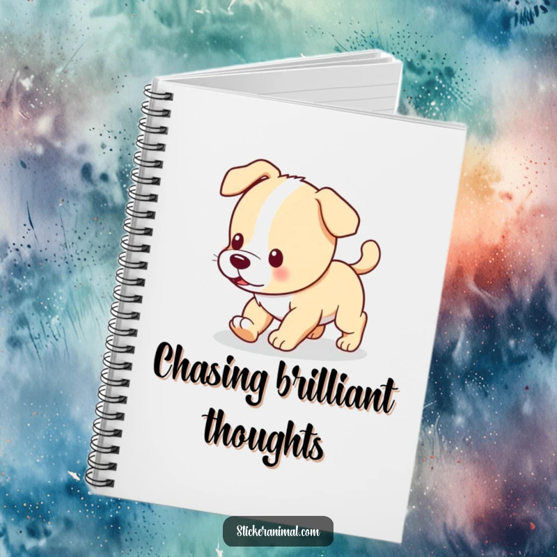Funny notebook with a playful puppy chasing its tail, ideal for capturing ideas with humorous canine charm.