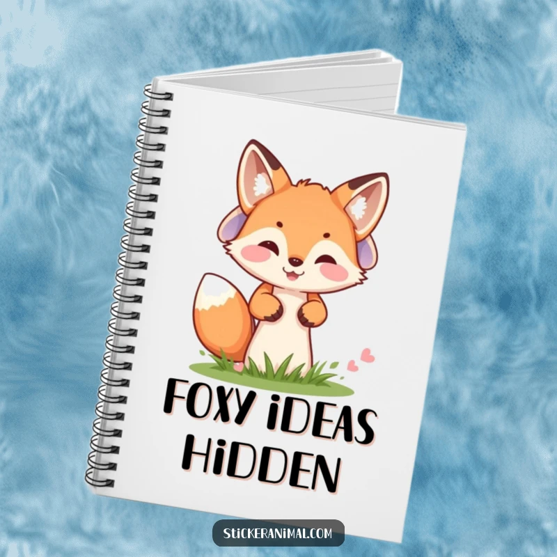 Funny notebook with a cheerful fox cub peeking from behind a mushroom, ideal for capturing ideas with woodland humor.