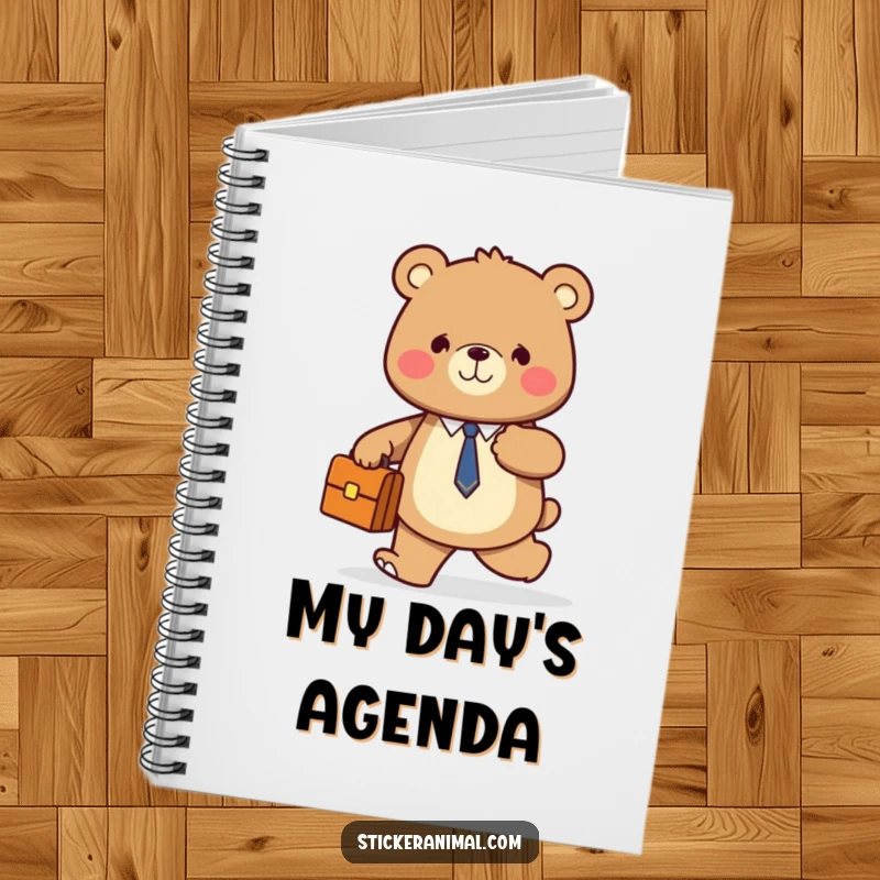 Funny notebook with a smiling bear holding a briefcase, confidently walking forward, ideal for jotting down goals.