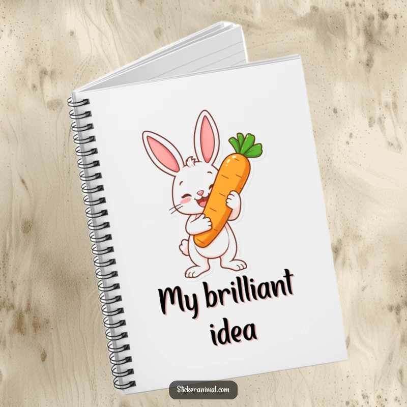 Funny notebook with a happy bunny character proudly holding a giant carrot as a trophy, perfect for recording achievements and ideas.