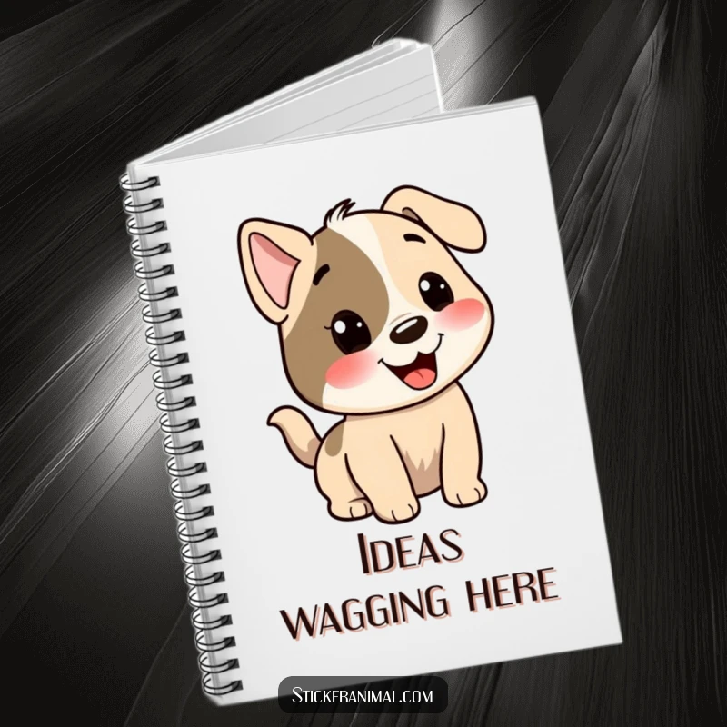 Funny dog notebook featuring a happy dog character with its tail wagging enthusiastically, perfect for jotting down joyful ideas.