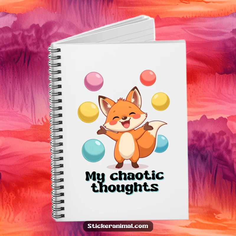 Funny notebook featuring a happy fox grinning while juggling colorful balls, perfect for jotting notes and organizing thoughts playfully.