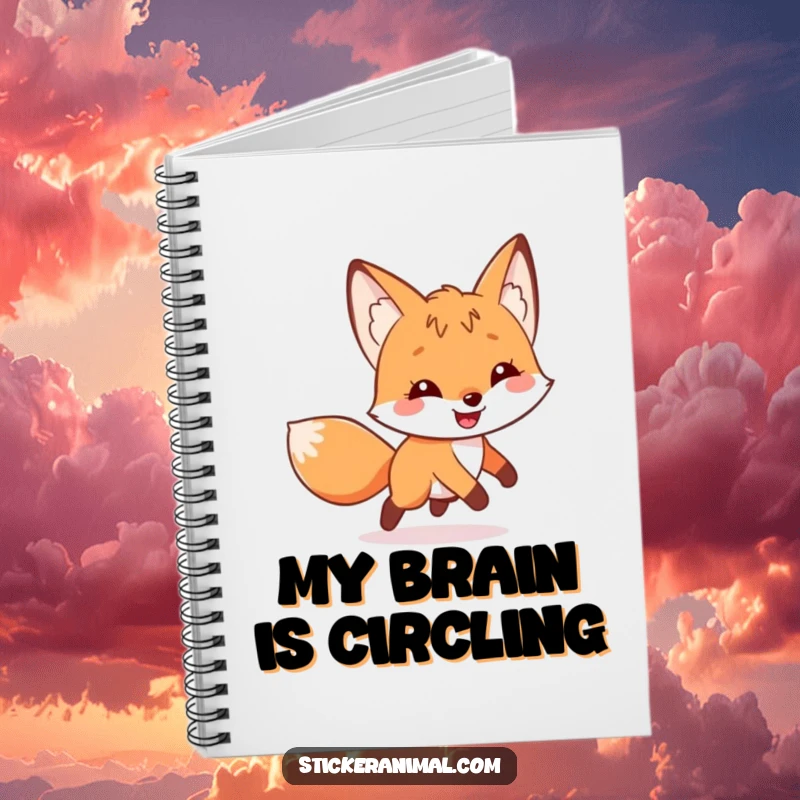 Funny notebook featuring a grinning fox character in a comical tail-chasing pose, ideal for writing and doodling.