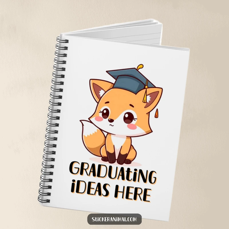 Funny notebook featuring a cute fox character in a graduation cap, gleefully tossing it up, perfect for jotting down brilliant future plans.