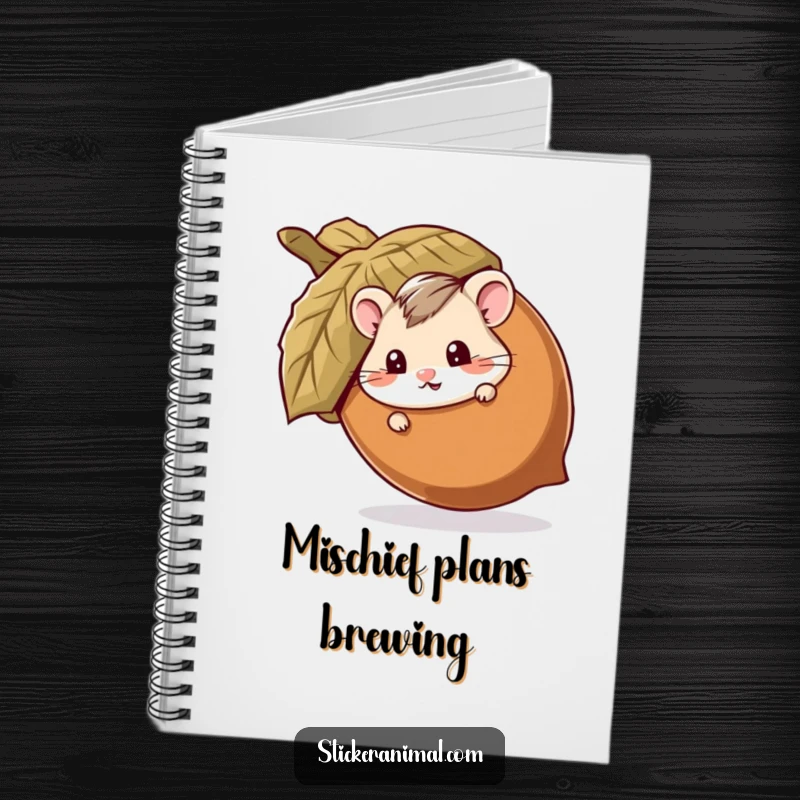 Funny notebook with a mischievous hamster peeking out from behind a giant acorn, perfect for jotting down playful notes and ideas.