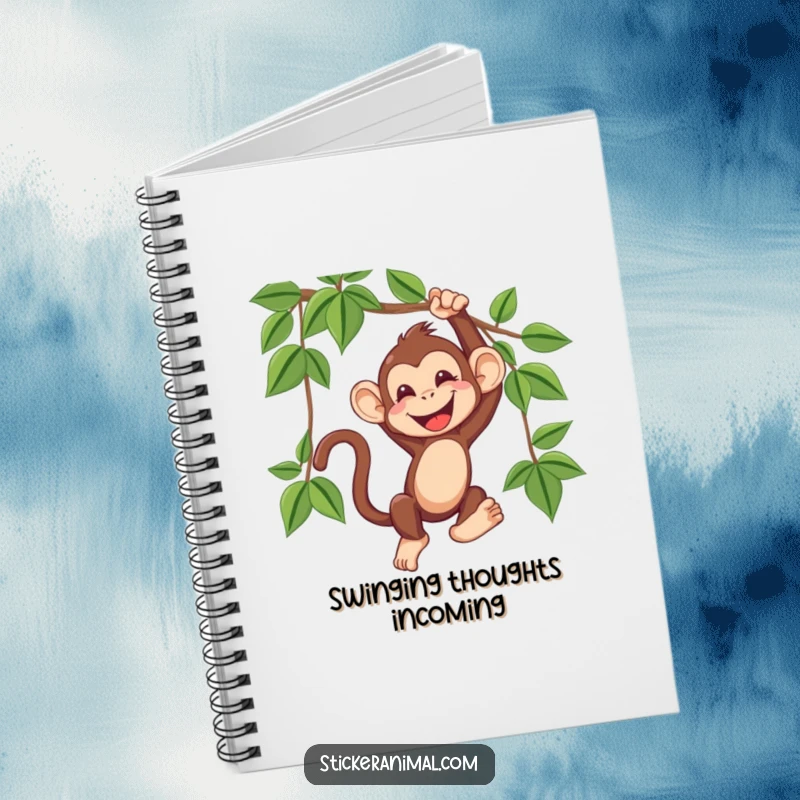 Funny notebook cover depicting a happy monkey swinging from a vine, its face contorted in a delightful, contagious giggle.