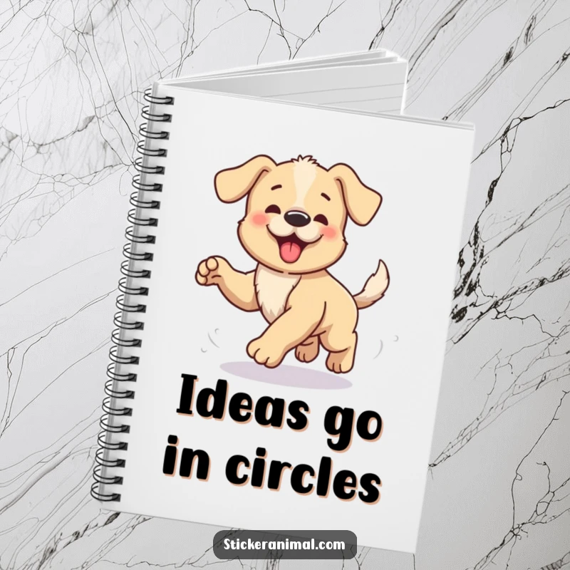 Funny notebook cover depicting a happy puppy hilariously chasing its tail in frantic, amusing circles, a symbol of playful thought.
