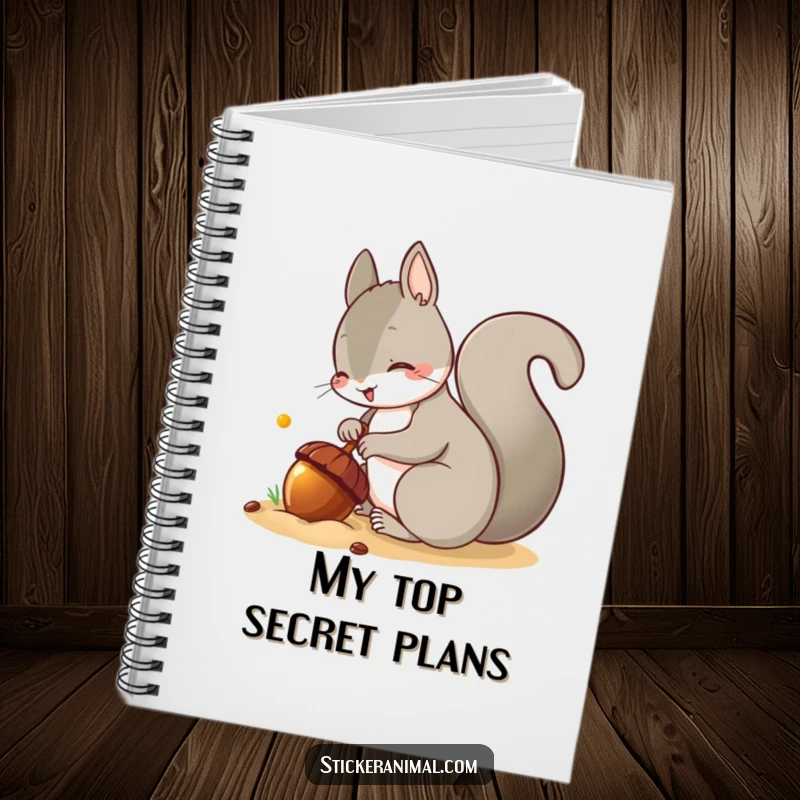 Funny notebook cover showing a mischievous squirrel burying a shiny acorn, inspiring secret plans and laughter.