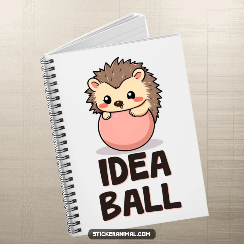Funny hedgehog notebook showing a happy hedgehog rolled into a playful ball, perfect for jotting down ideas with cute charm.