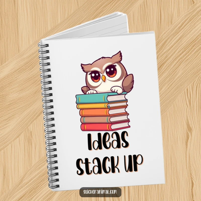 Funny notebook features a curious owl peeking from behind books, perfect for journaling.
