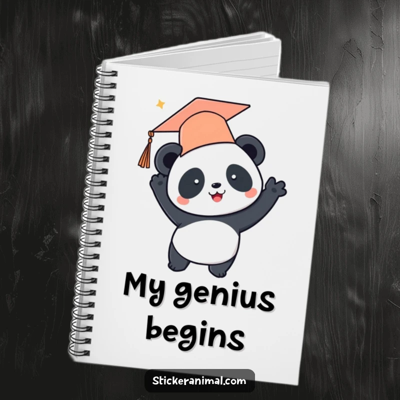 Funny notebook with a panda character wearing a graduation cap and tossing it upwards, celebrating academic completion and future plans.
