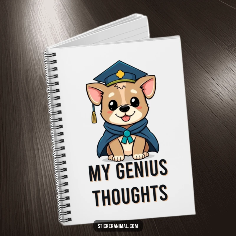 Funny notebook featuring a winking dog character in a graduation cap and academic robe, perfect for jotting down brilliant ideas.
