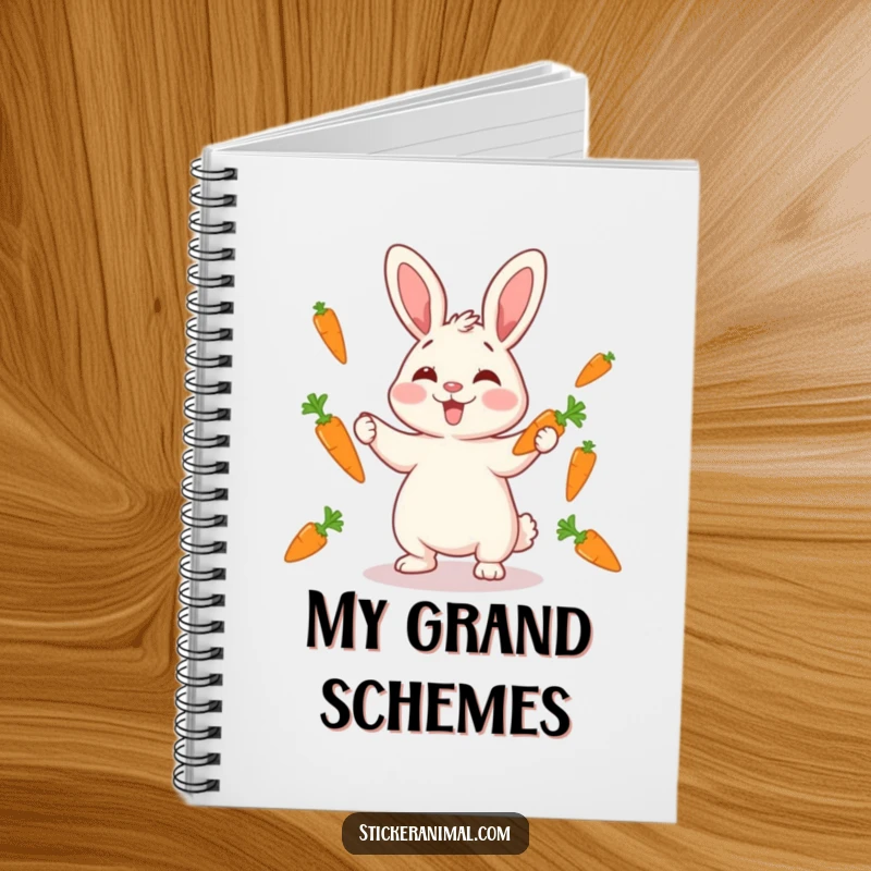 Funny giggling rabbit juggling carrots on a notebook cover, inspiring cheerful notes and humor, perfect for a funny gift.