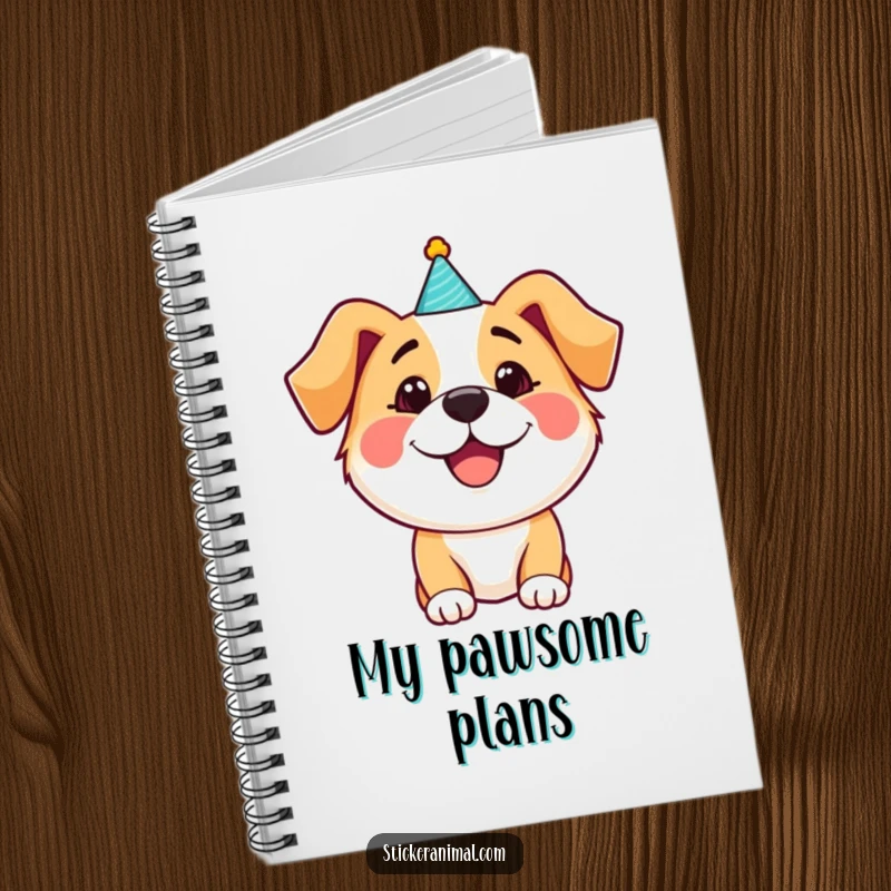 Funny happy dog wearing a party hat on a notebook cover, inspiring cheerful notes and celebration, perfect for a funny gift.