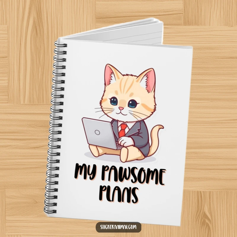 Funny notebook featuring a cute cat in a business suit, typing on a laptop, perfect for note-taking and office humor.