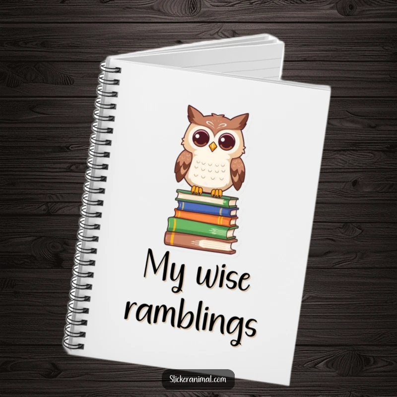 Funny owl notebook featuring a curious character perched on books, inspiring thoughtful notes and creative ideas.