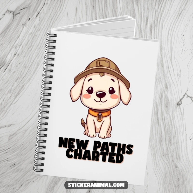 Funny notebook with a smiling puppy wearing an explorer hat, looking curiously, perfect for jotting down adventures and ideas.