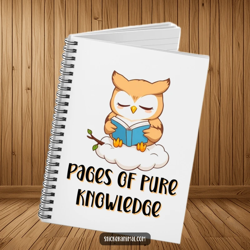 Funny owl book lover notebook with a cute owl character reading a book on a cloud, perfect for your notes.