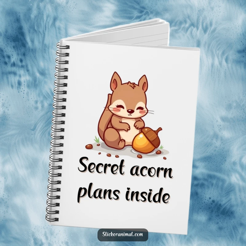 Funny notebook cover with a mischievous squirrel burying a shiny acorn, encouraging creative and humorous note-taking.