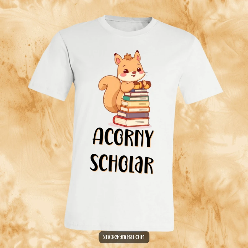 Funny t-shirt with a cute squirrel character balancing a stack of acorns like books, looking determined to read them all, a whimsical design.
