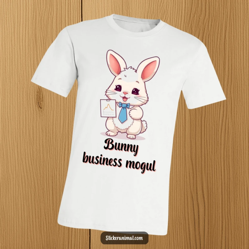 Funny t-shirt with a fluffy rabbit in a sharp tie, holding up a tiny graph, exuding enthusiasm for presentations and office jokes.