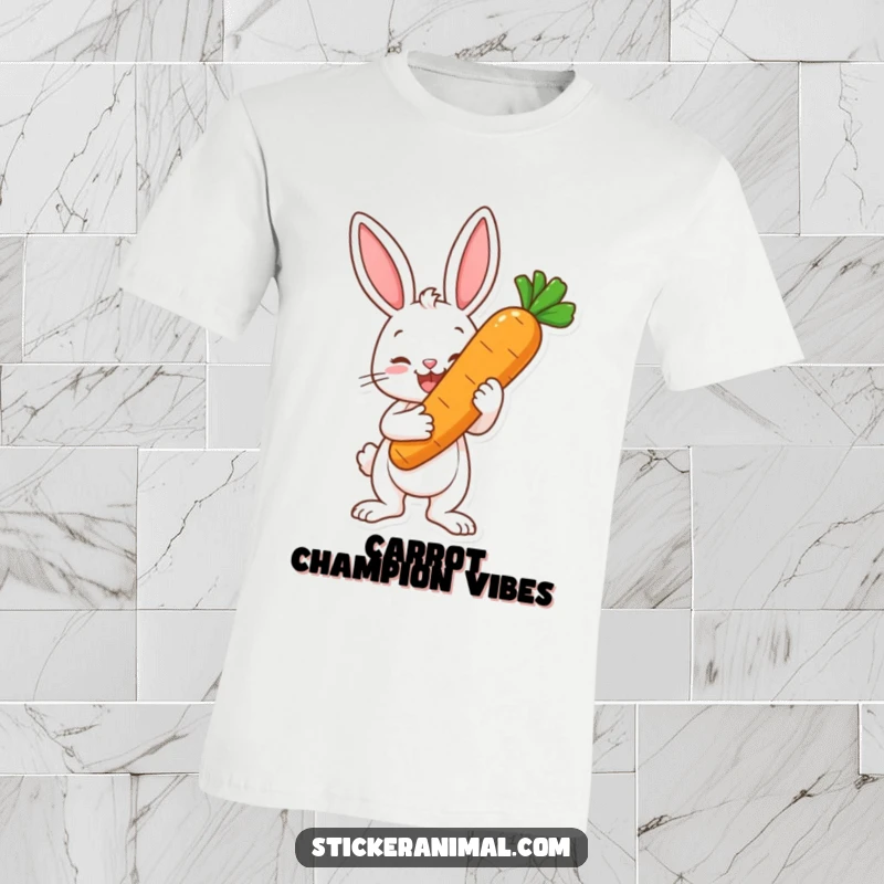 Funny t-shirt showcasing a happy bunny character proudly holding a large carrot like a gleaming trophy, symbolizing a cherished win.