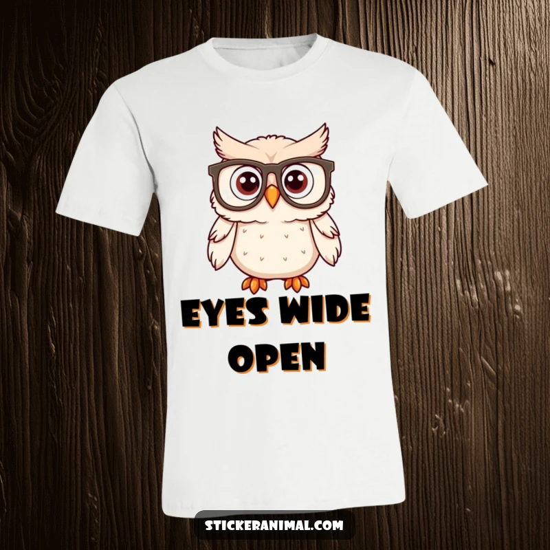Funny, surprised owl wearing enormous spectacles on a comfortable t-shirt, conveying a sense of comical bewilderment.