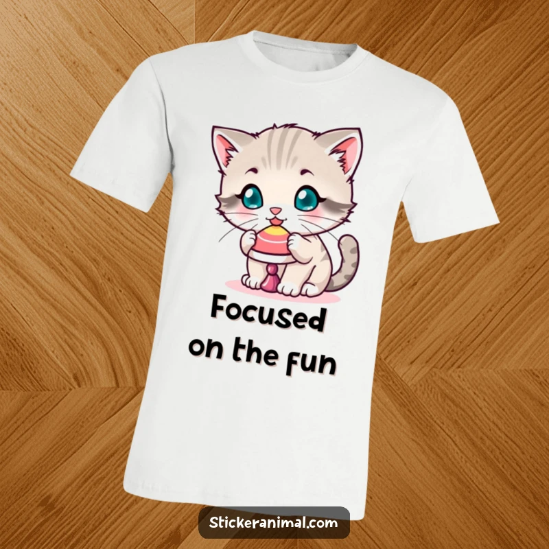 Funny t-shirt featuring a playful kitten intently balancing a spinning top on its nose, demonstrating focus and adorable skill.